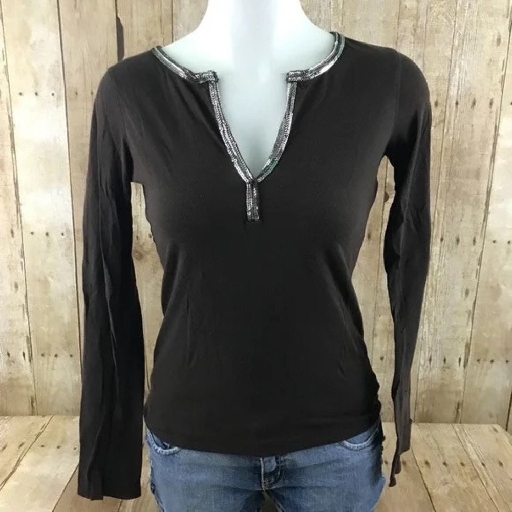 Y2K American Eagle Brown Sequin Chain Trim Long‎ Sleeve Top Small Whimsigoth
